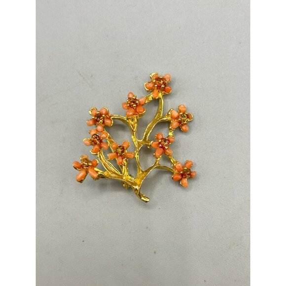 Vintage Gold Tone Floral Brooch with Coral & Citrine Gemstone Chips Twig Branch - Picture 2 of 7